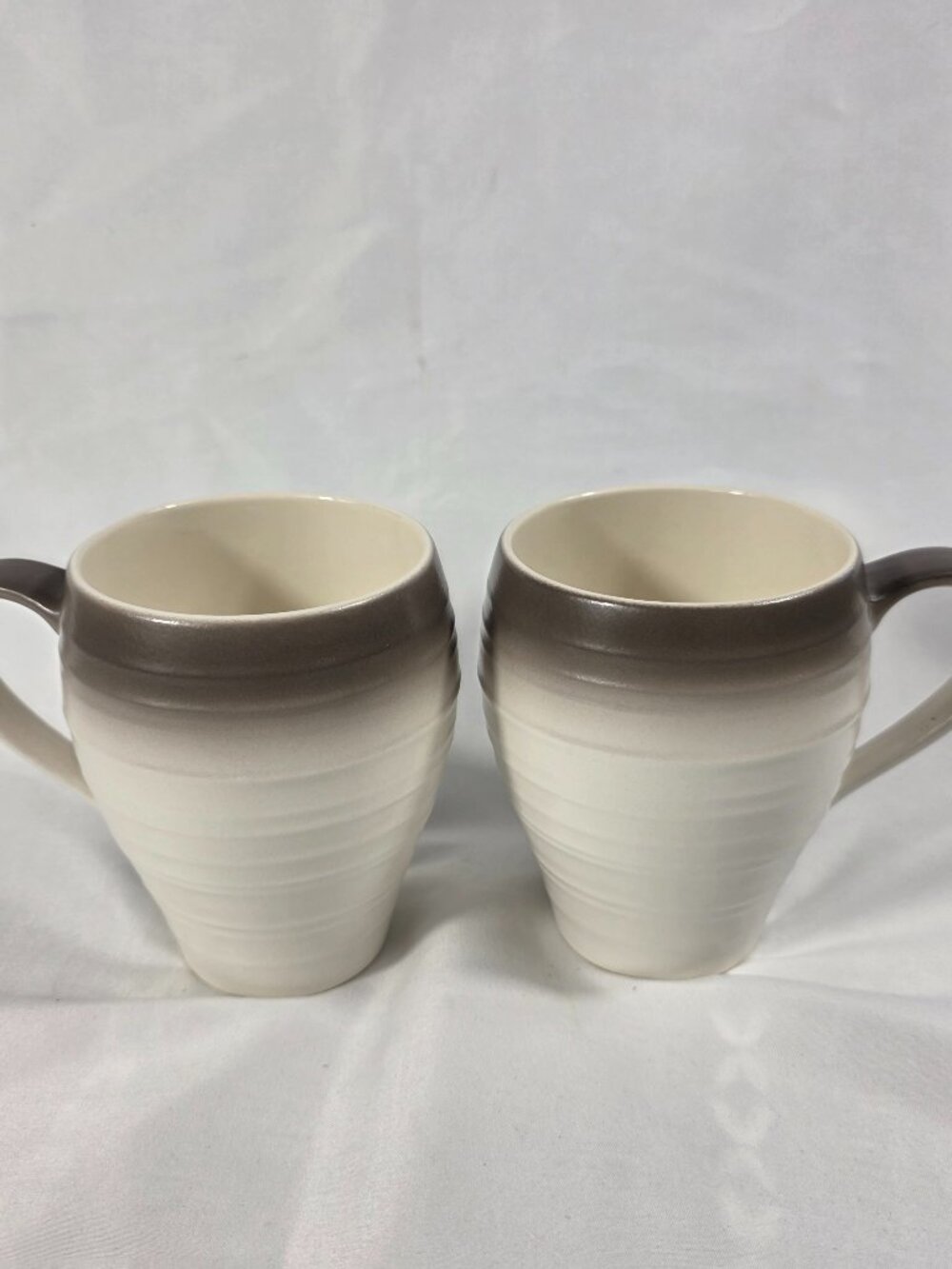 TWO Mikasa Swirl Ombre Mocha Mugs White with Mocha Border Embossed Rings